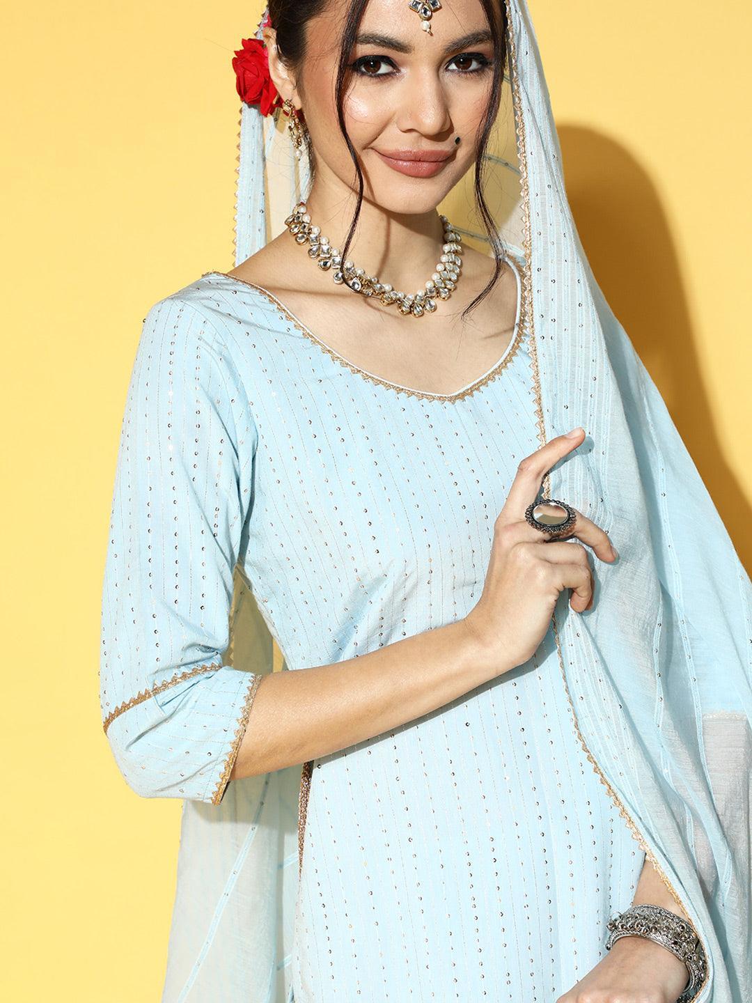 Blue Self Design Chanderi Silk Suit Set - ShopLibas