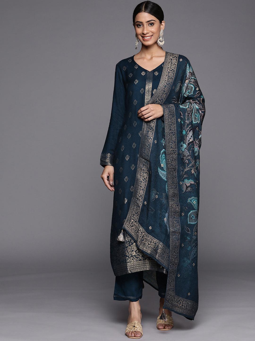 Blue Self Design Pashmina Wool Straight Suit Set