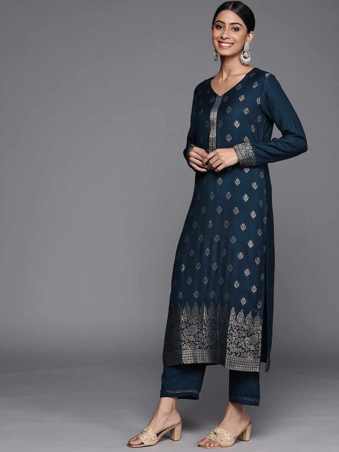 Blue Self Design Pashmina Wool Straight Suit Set