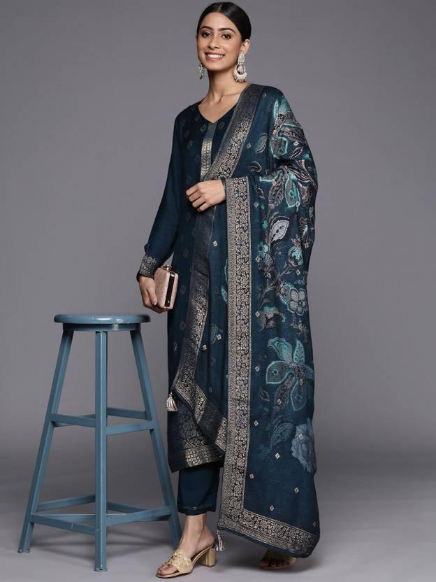 Blue Self Design Pashmina Wool Straight Suit Set