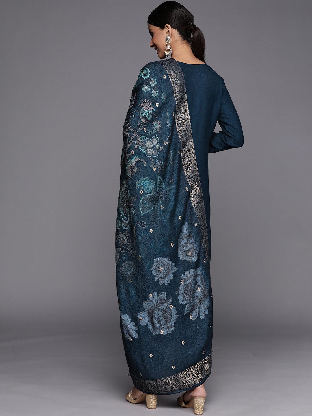 Blue Self Design Pashmina Wool Straight Suit Set