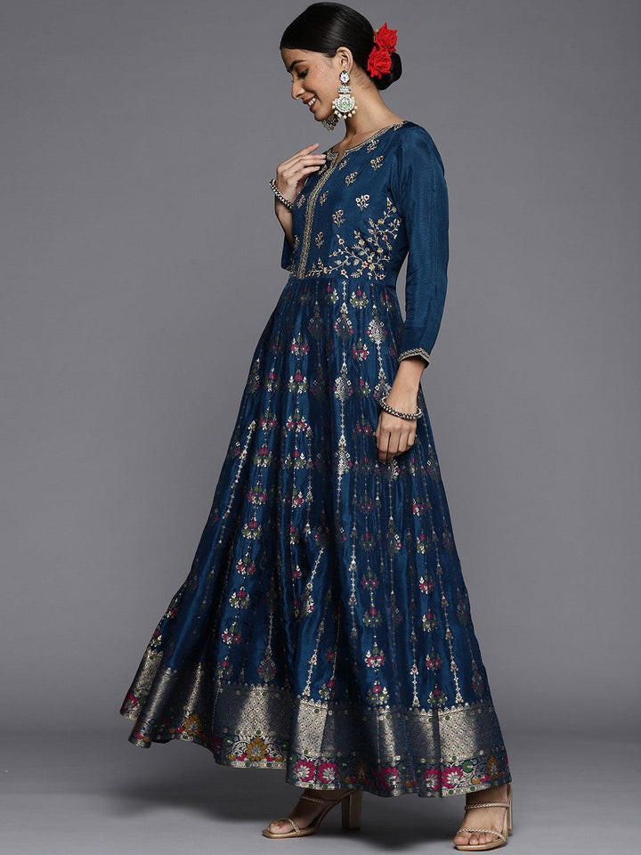 Blue Self Design Silk Anarkali Suit Set - ShopLibas