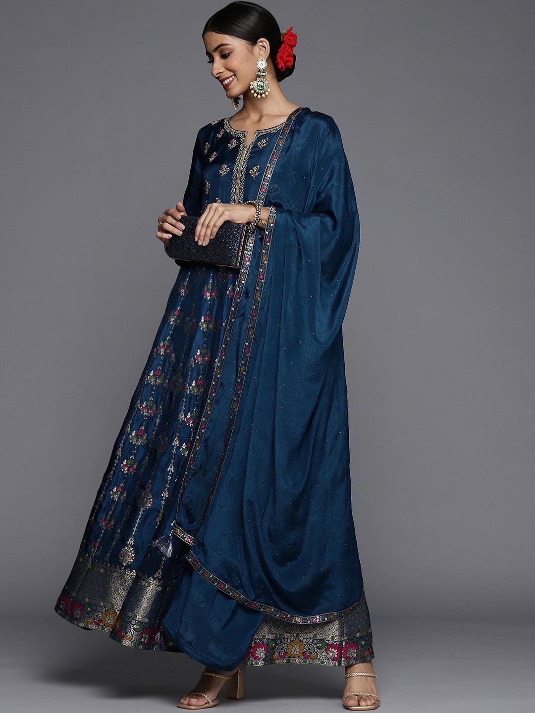 Blue Self Design Silk Anarkali Suit Set - ShopLibas