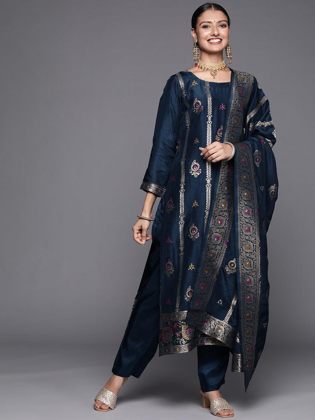 Blue Self Design Silk Blend Straight Suit Set