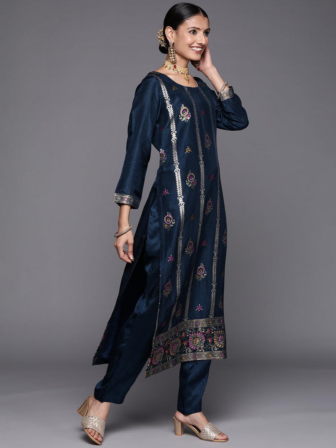 Blue Self Design Silk Blend Straight Suit Set