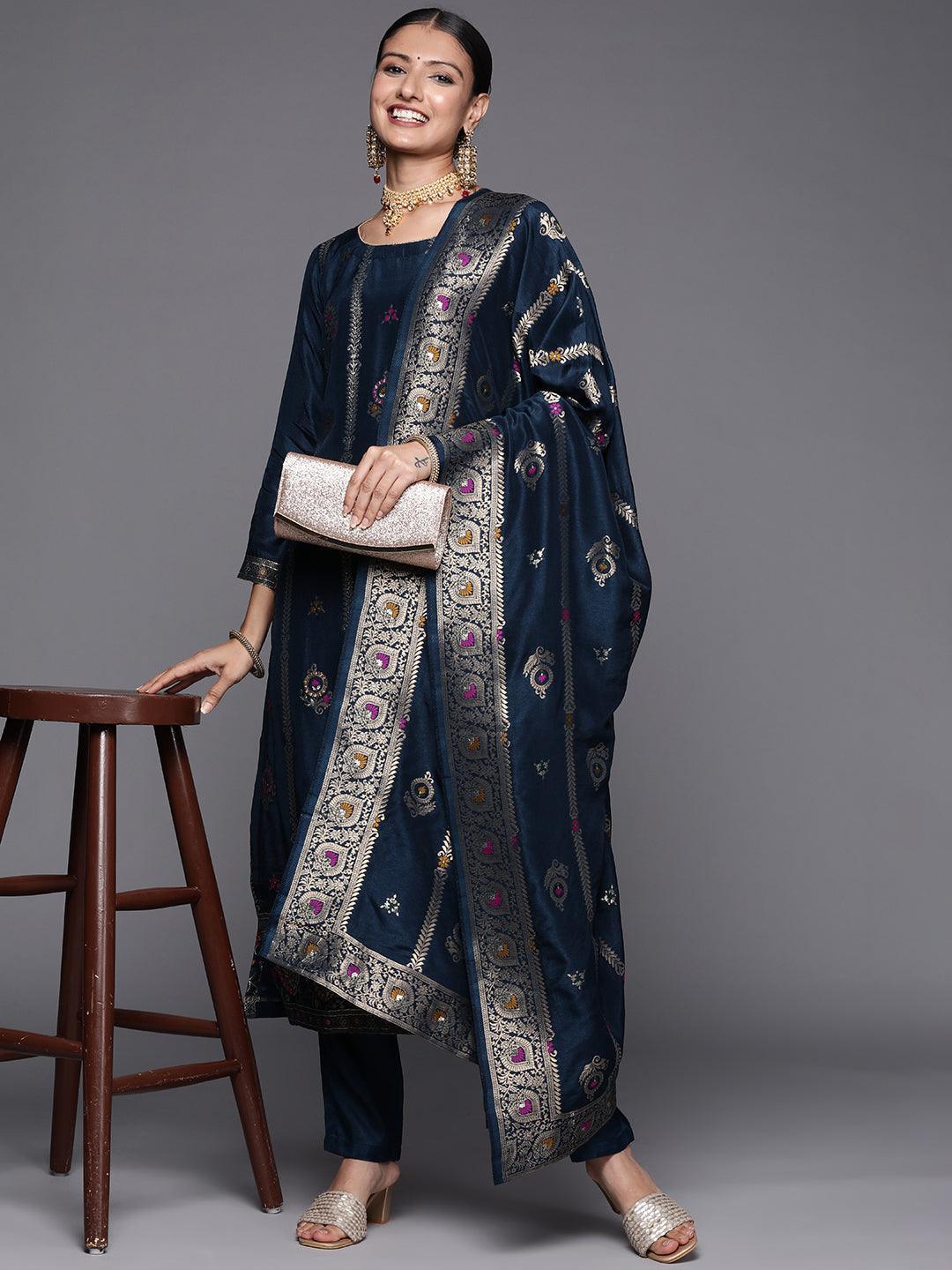 Blue Self Design Silk Blend Straight Suit Set