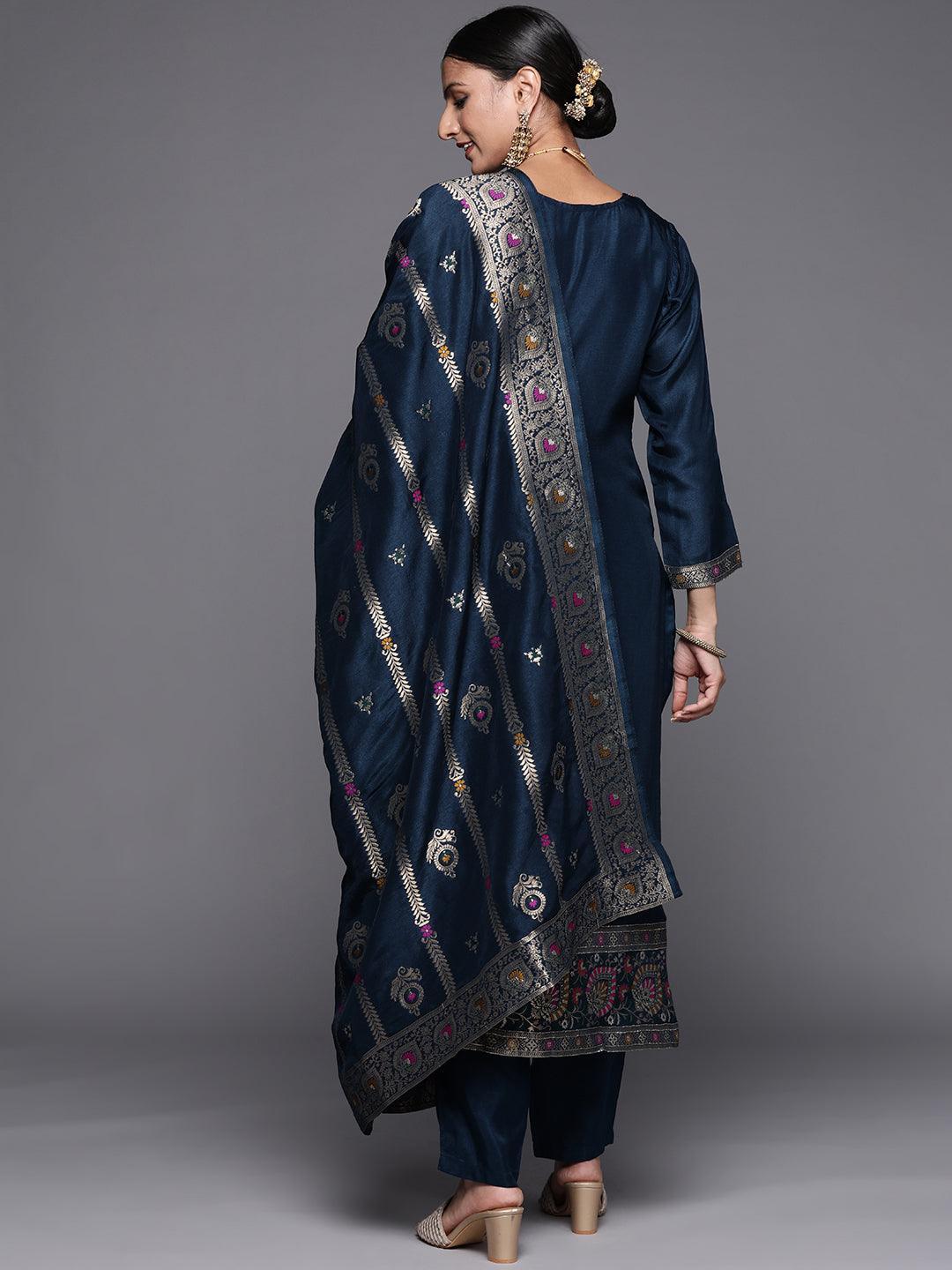 Blue Self Design Silk Blend Straight Suit Set