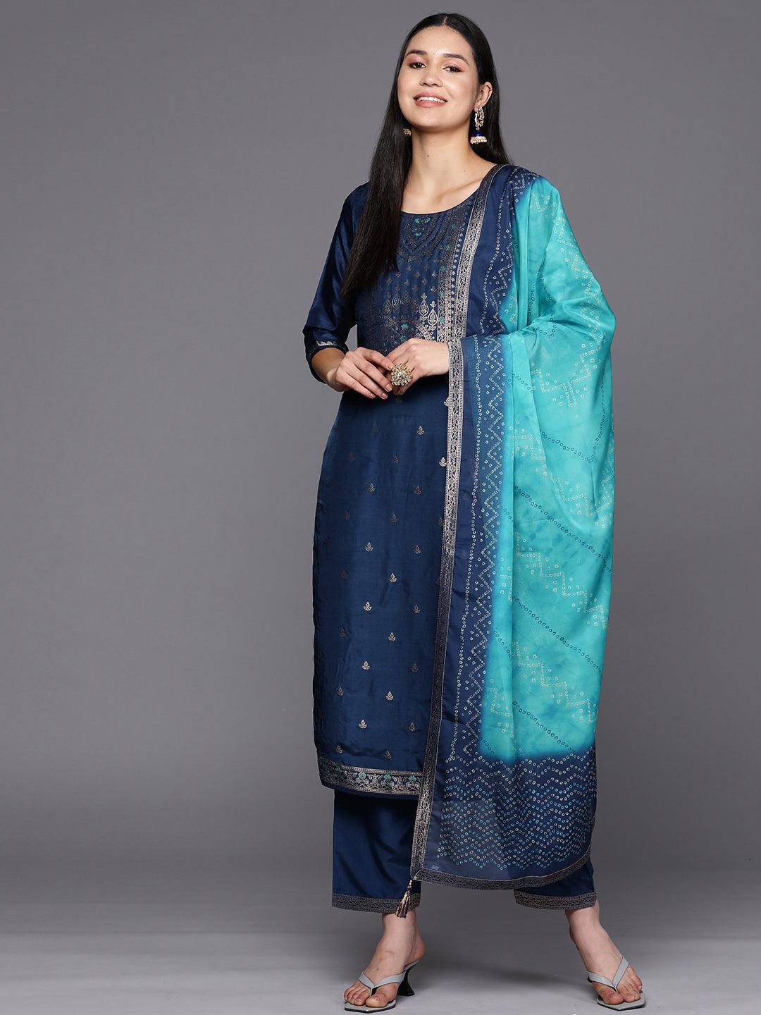 Blue Self Design Silk Blend Straight Suit Set With Trousers - ShopLibas