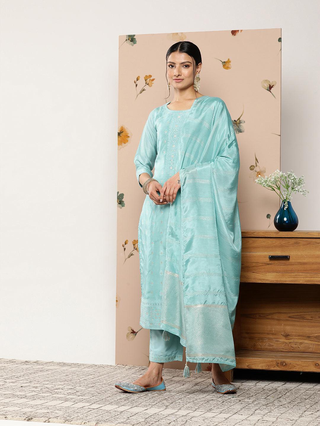 Blue Self Design Silk Blend Suit Set With Trousers