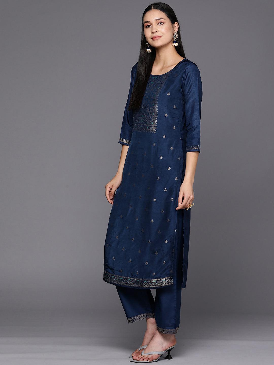 Blue Self Design Silk Blend Straight Suit Set With Trousers - ShopLibas