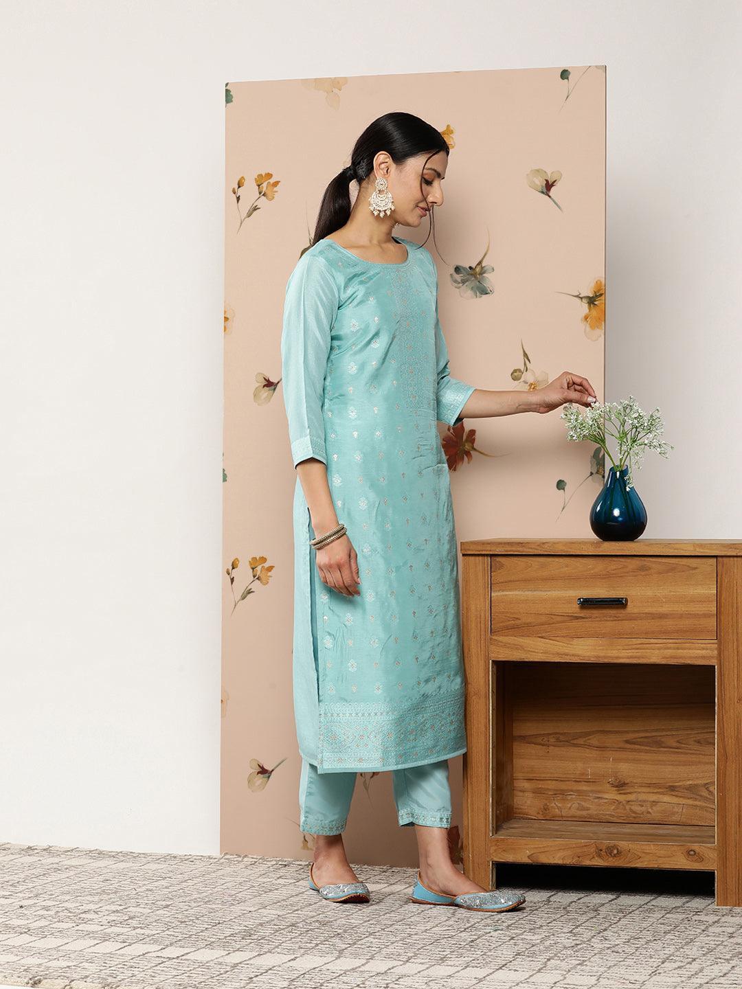 Blue Self Design Silk Blend Suit Set With Trousers