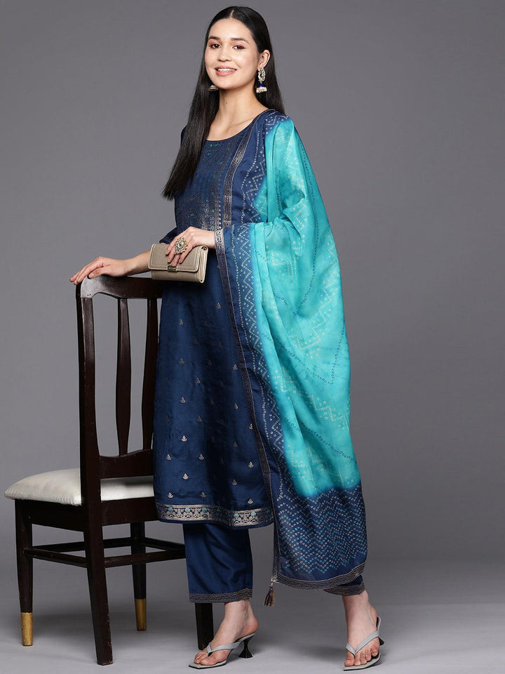 Blue Self Design Silk Blend Straight Suit Set With Trousers - ShopLibas