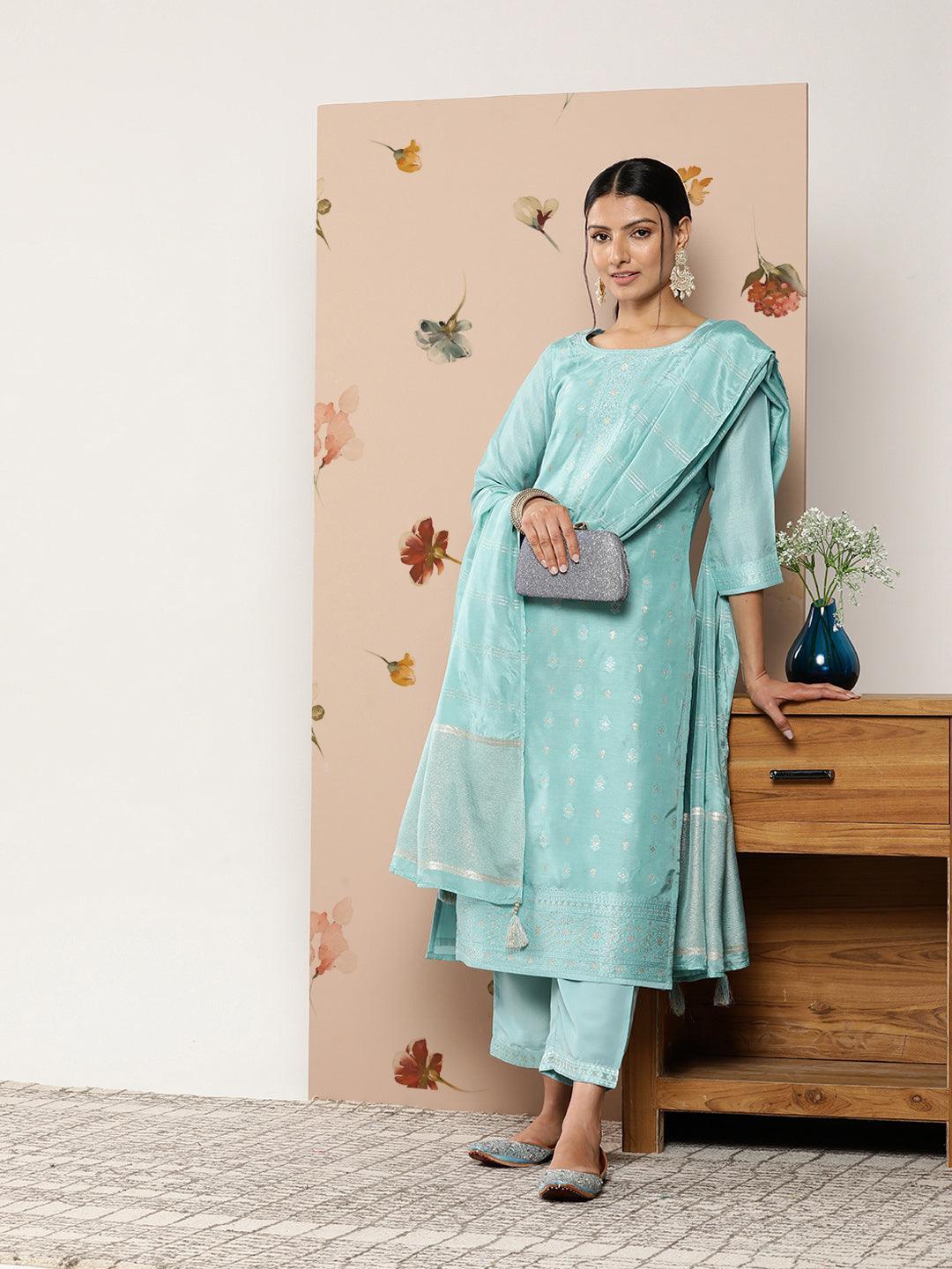 Blue Self Design Silk Blend Suit Set With Trousers