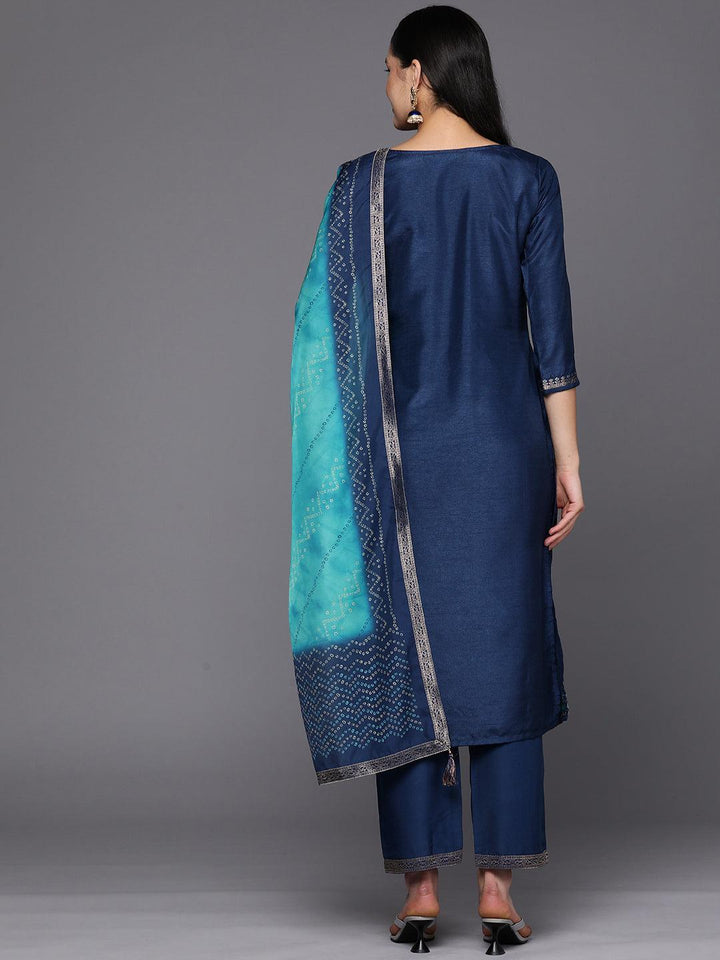 Blue Self Design Silk Blend Straight Suit Set With Trousers - ShopLibas