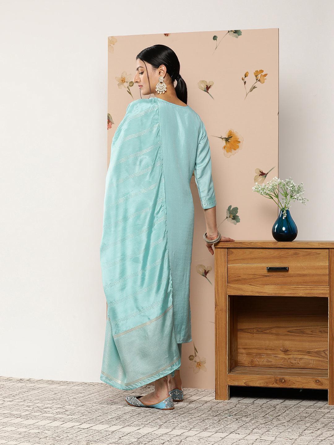 Blue Self Design Silk Blend Suit Set With Trousers