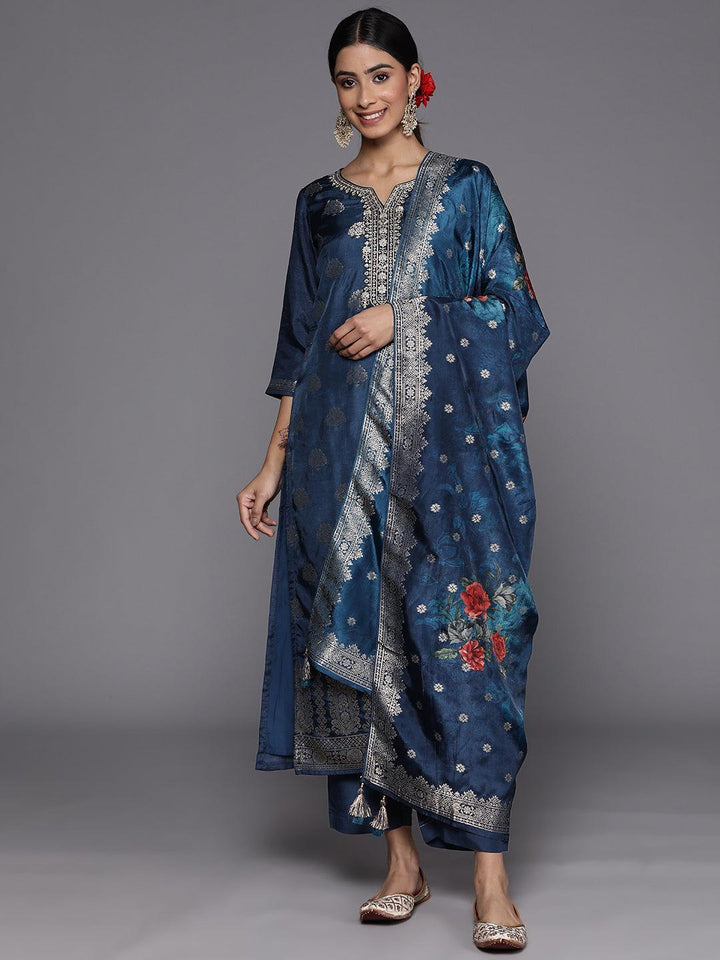 Blue Self Design Silk Suit Set With Trousers - ShopLibas