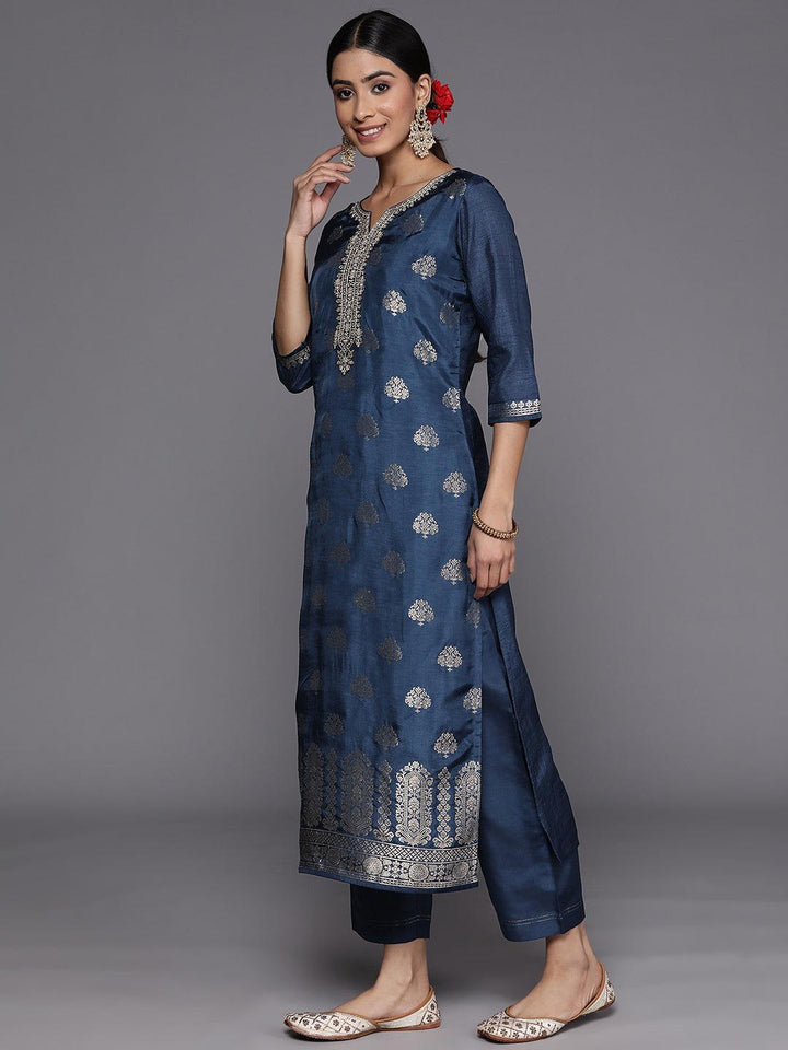 Blue Self Design Silk Suit Set With Trousers - ShopLibas