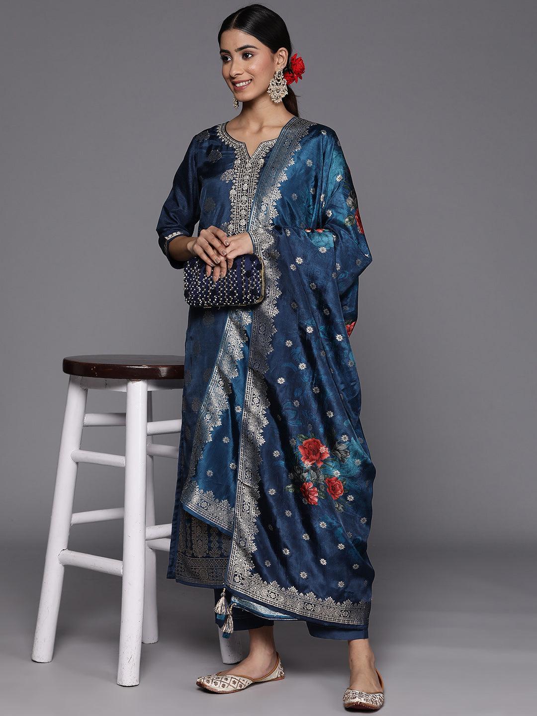 Blue Self Design Silk Suit Set With Trousers - ShopLibas