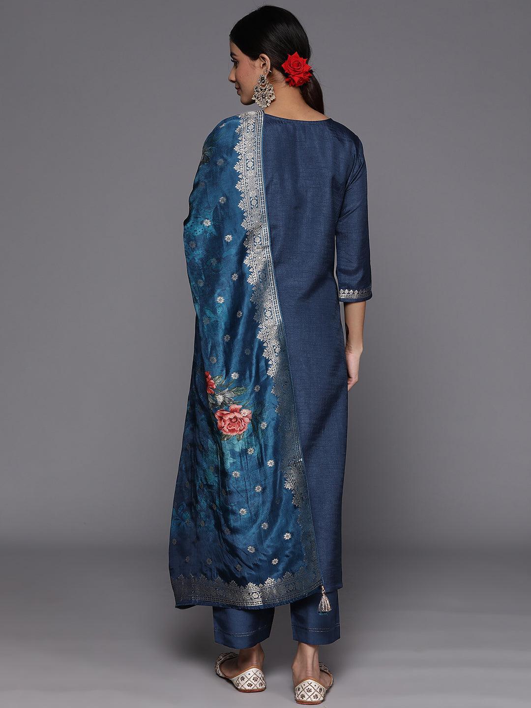 Blue Self Design Silk Suit Set With Trousers - ShopLibas