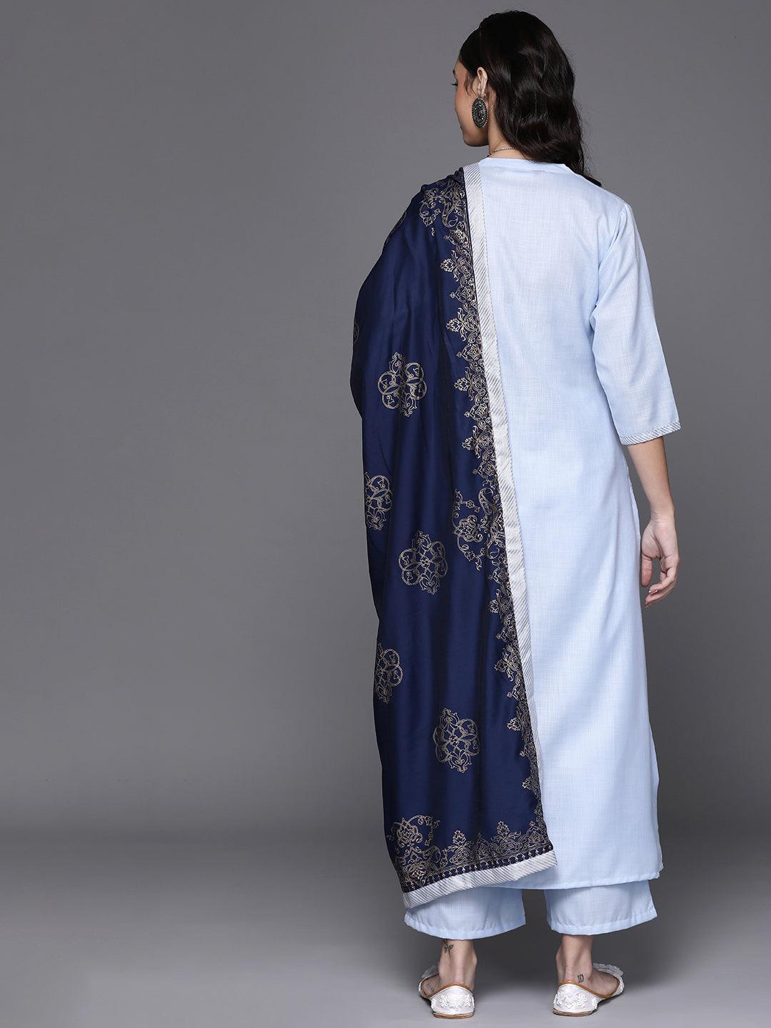 Blue Solid Cotton Straight Kurta With Palazzos & Dupatta