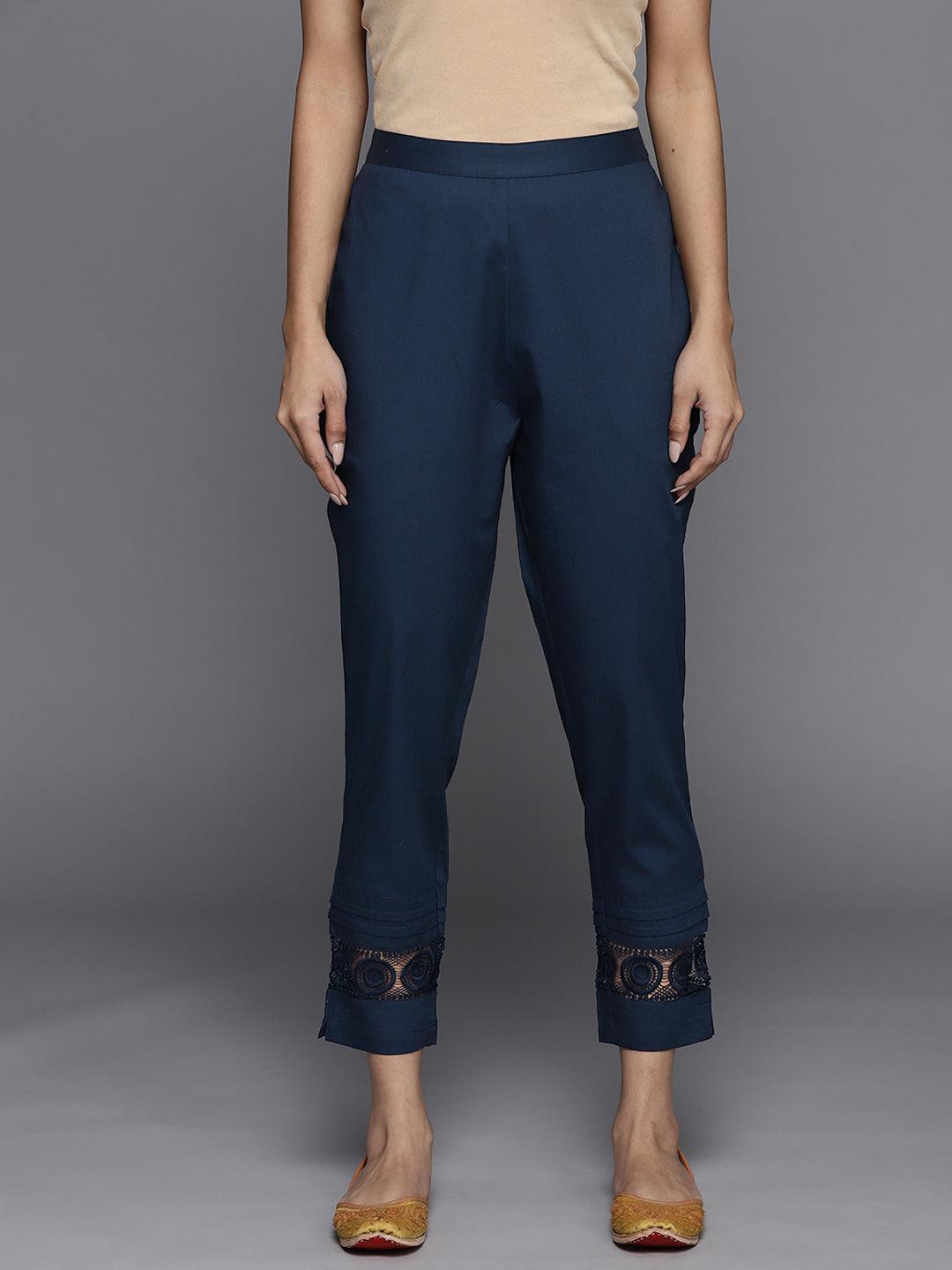 Blue Solid Cotton Trousers - ShopLibas