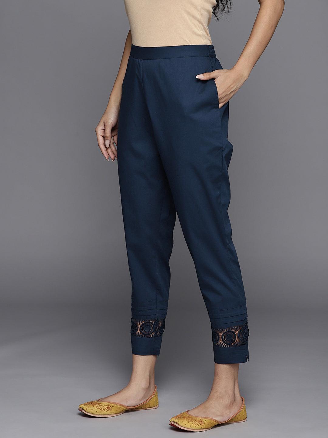 Blue Solid Cotton Trousers - ShopLibas