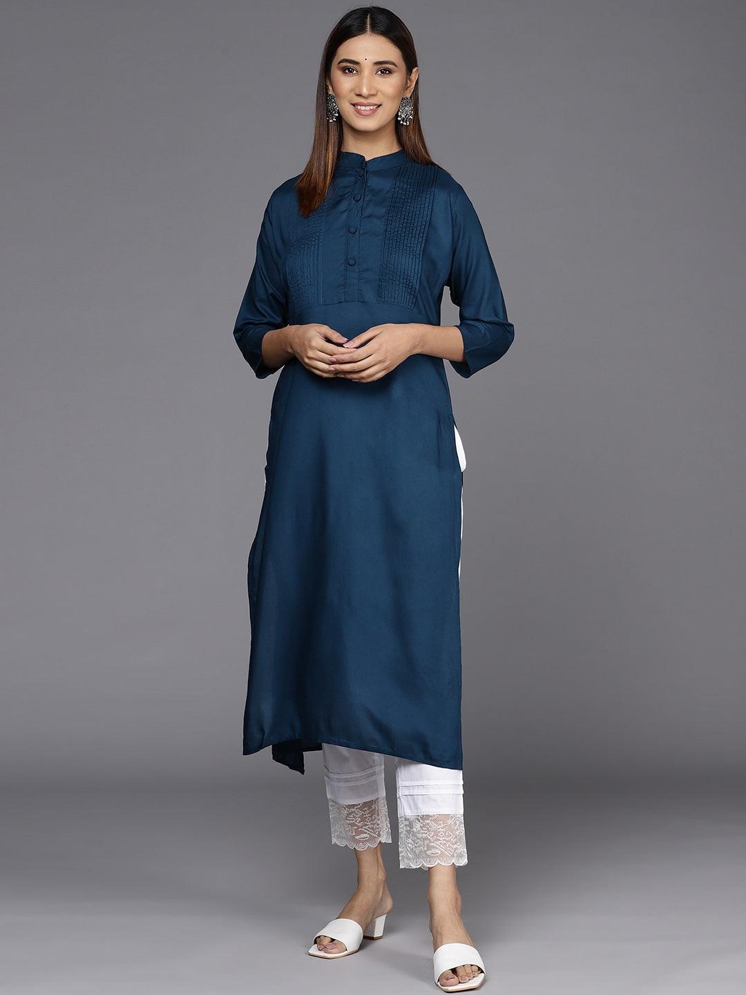 Blue Solid Rayon Straight Kurta