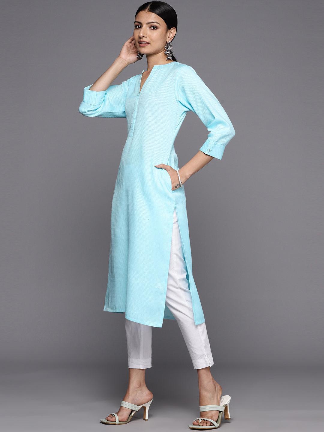 Blue Solid Rayon Straight Kurta