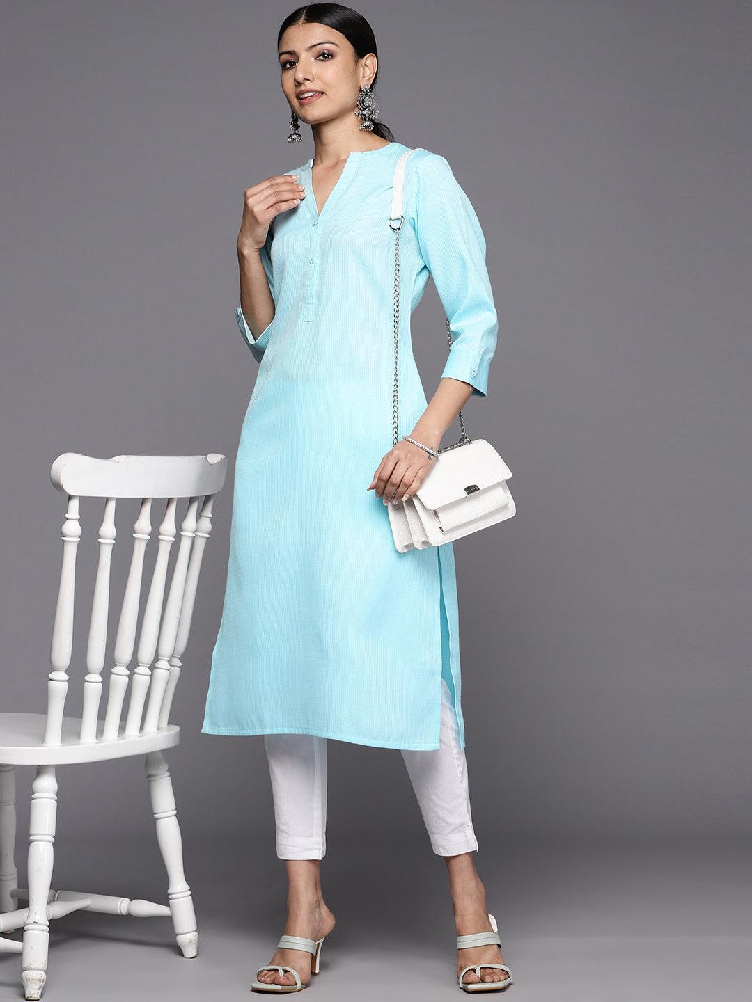 Blue Solid Rayon Straight Kurta