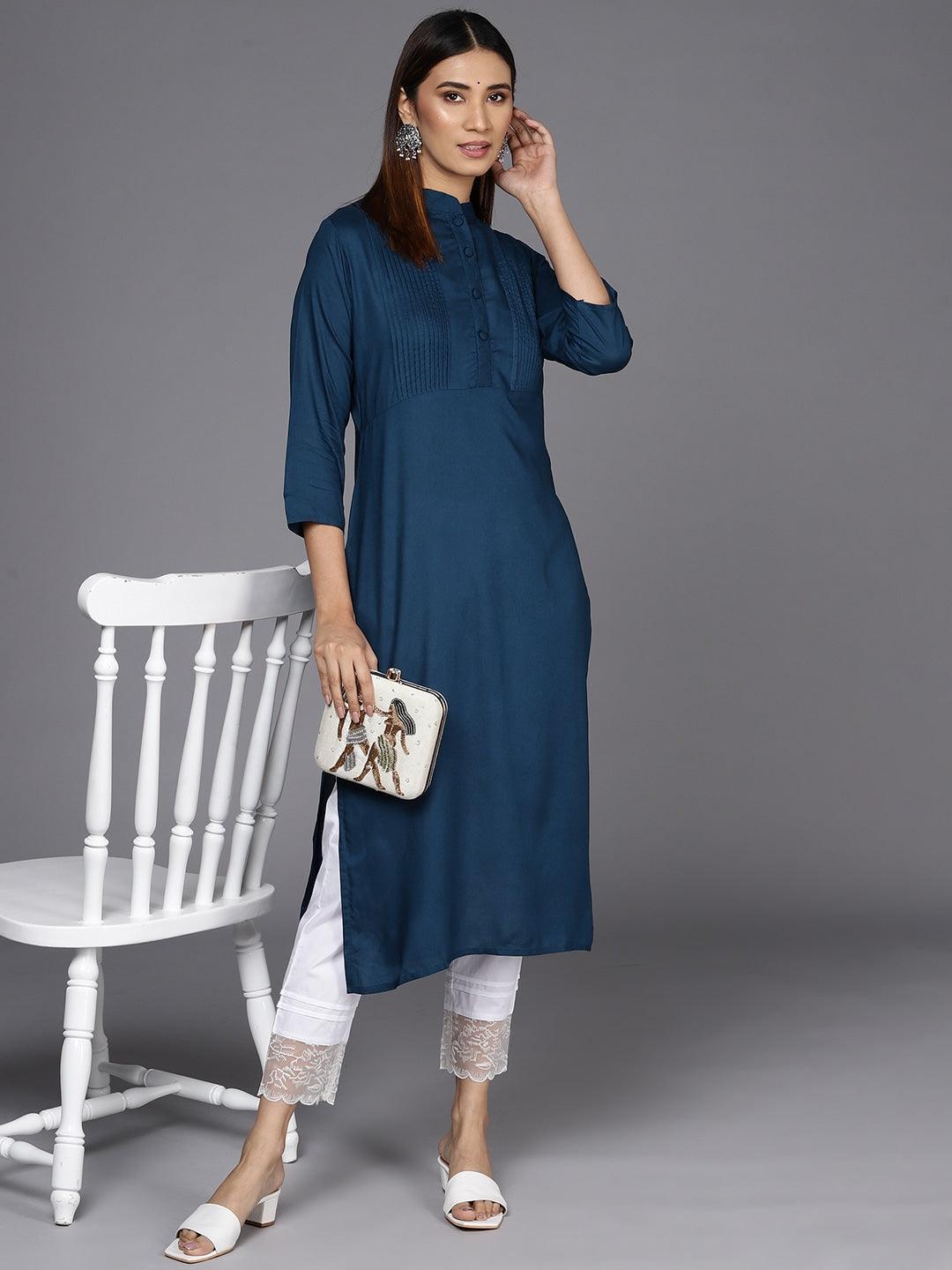 Blue Solid Rayon Straight Kurta - ShopLibas