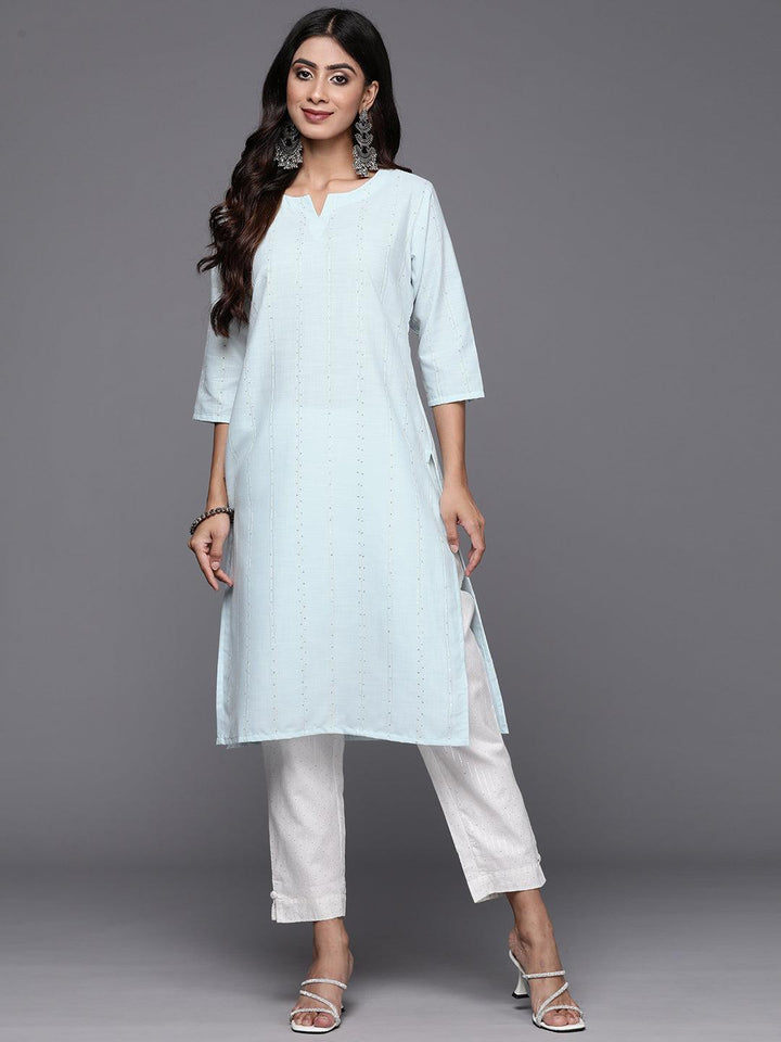 Blue Woven Design Cotton Straight Kurta - Libas