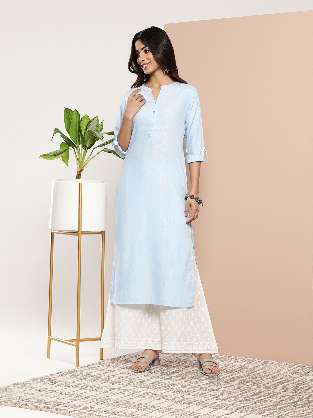 Blue Woven Design Cotton Straight Kurta