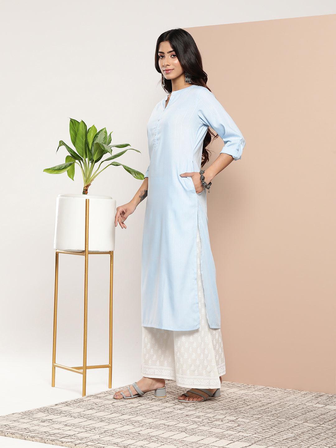 Blue Woven Design Cotton Straight Kurta