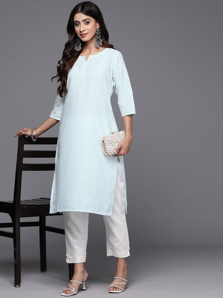 Blue Woven Design Cotton Straight Kurta - Libas