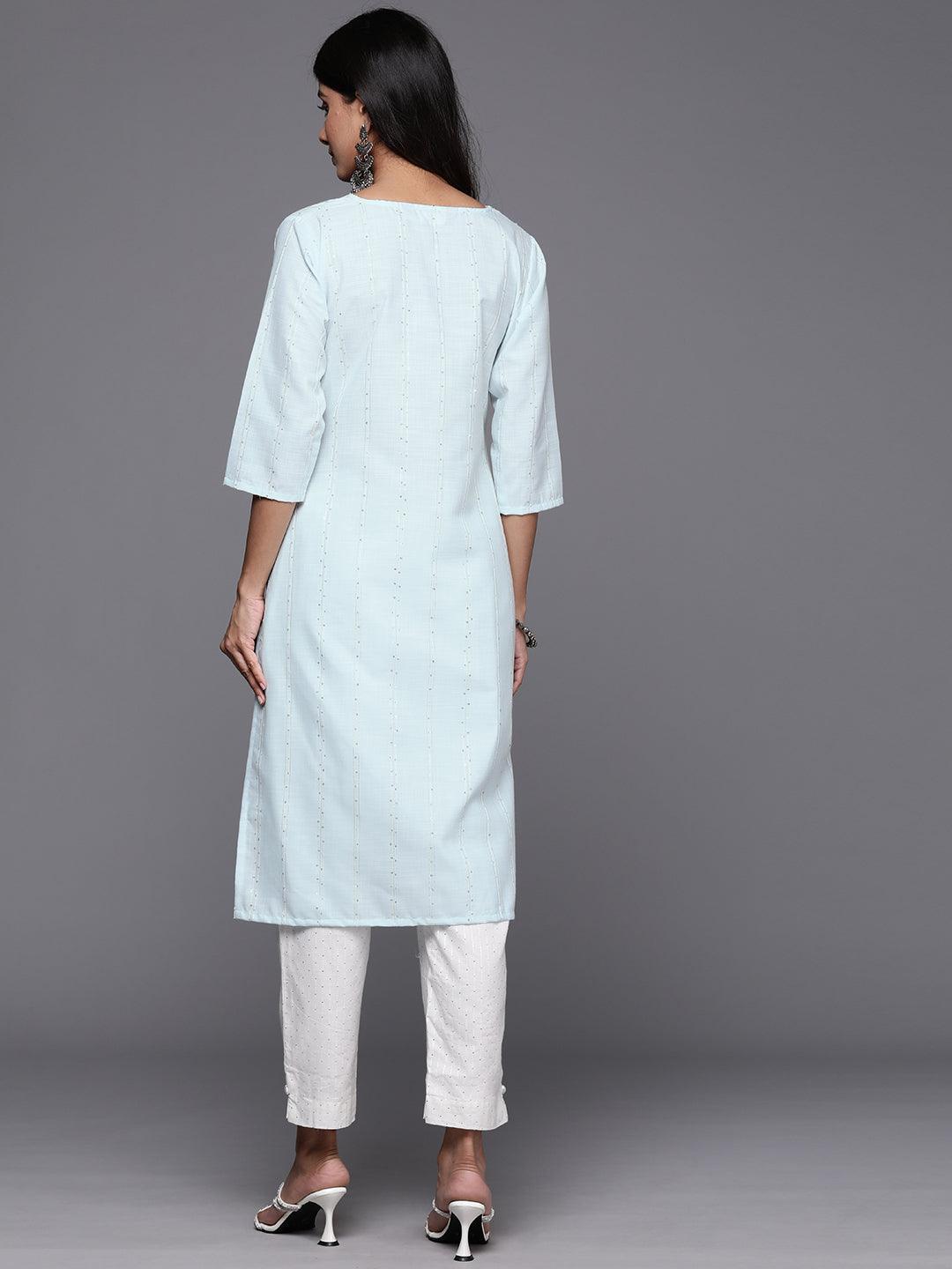 Blue Woven Design Cotton Straight Kurta - Libas