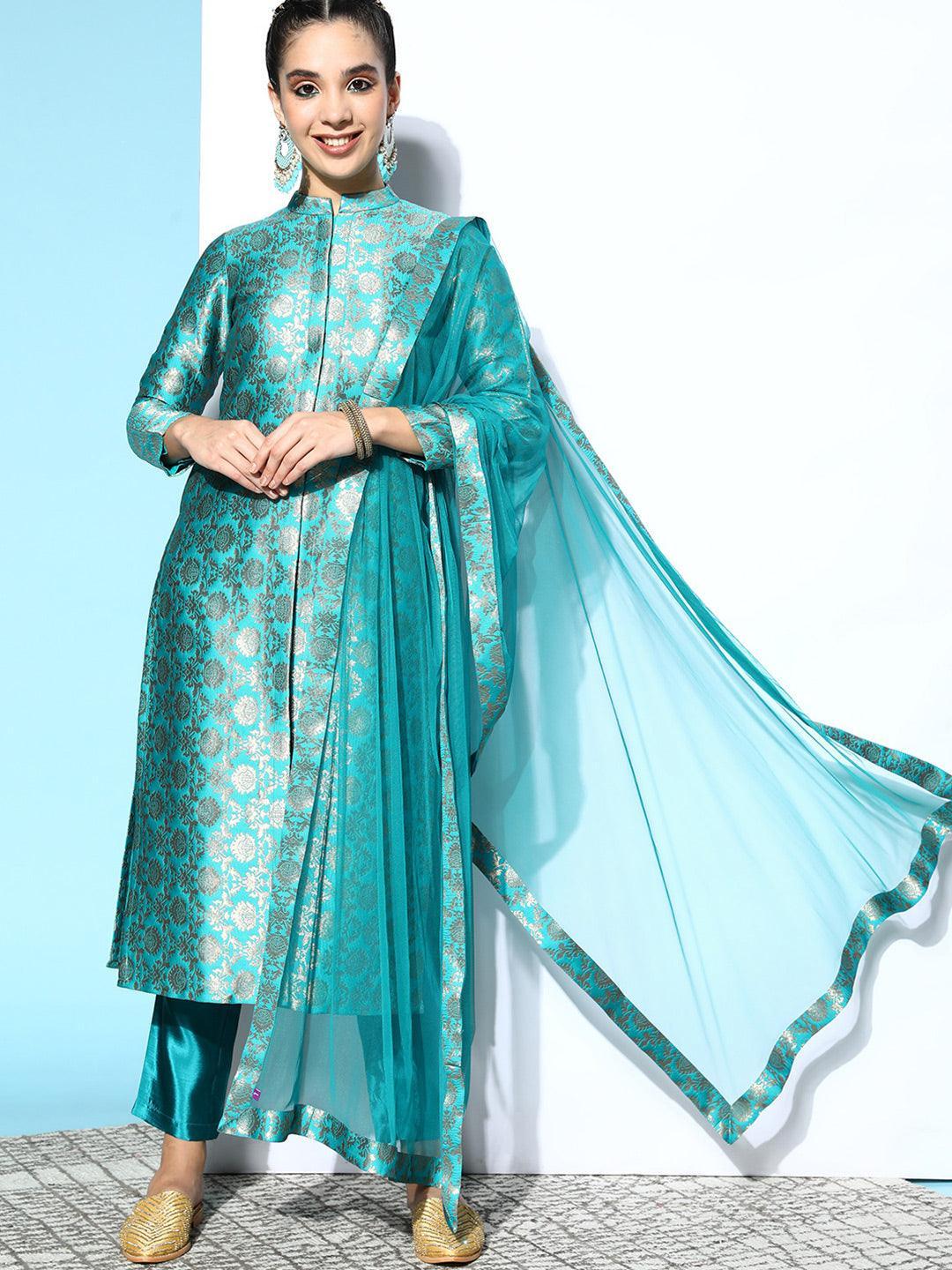 Blue Woven Design Silk Blend Straight Suit Set