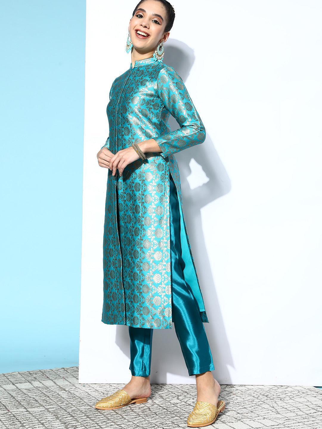 Blue Woven Design Silk Blend Straight Suit Set