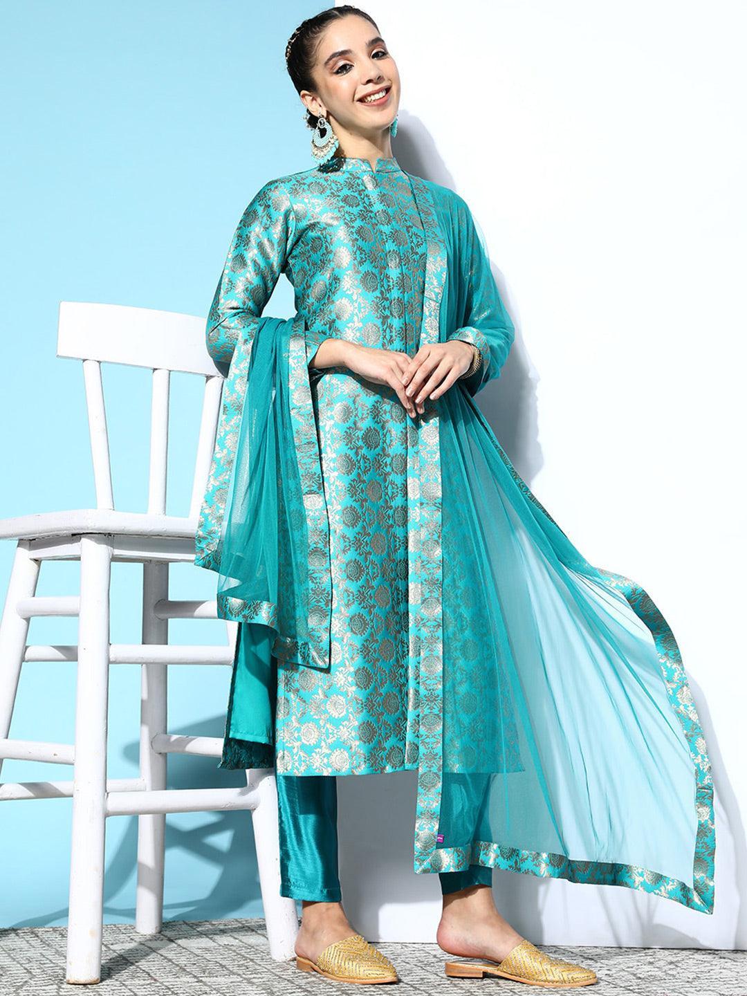 Blue Woven Design Silk Blend Straight Suit Set