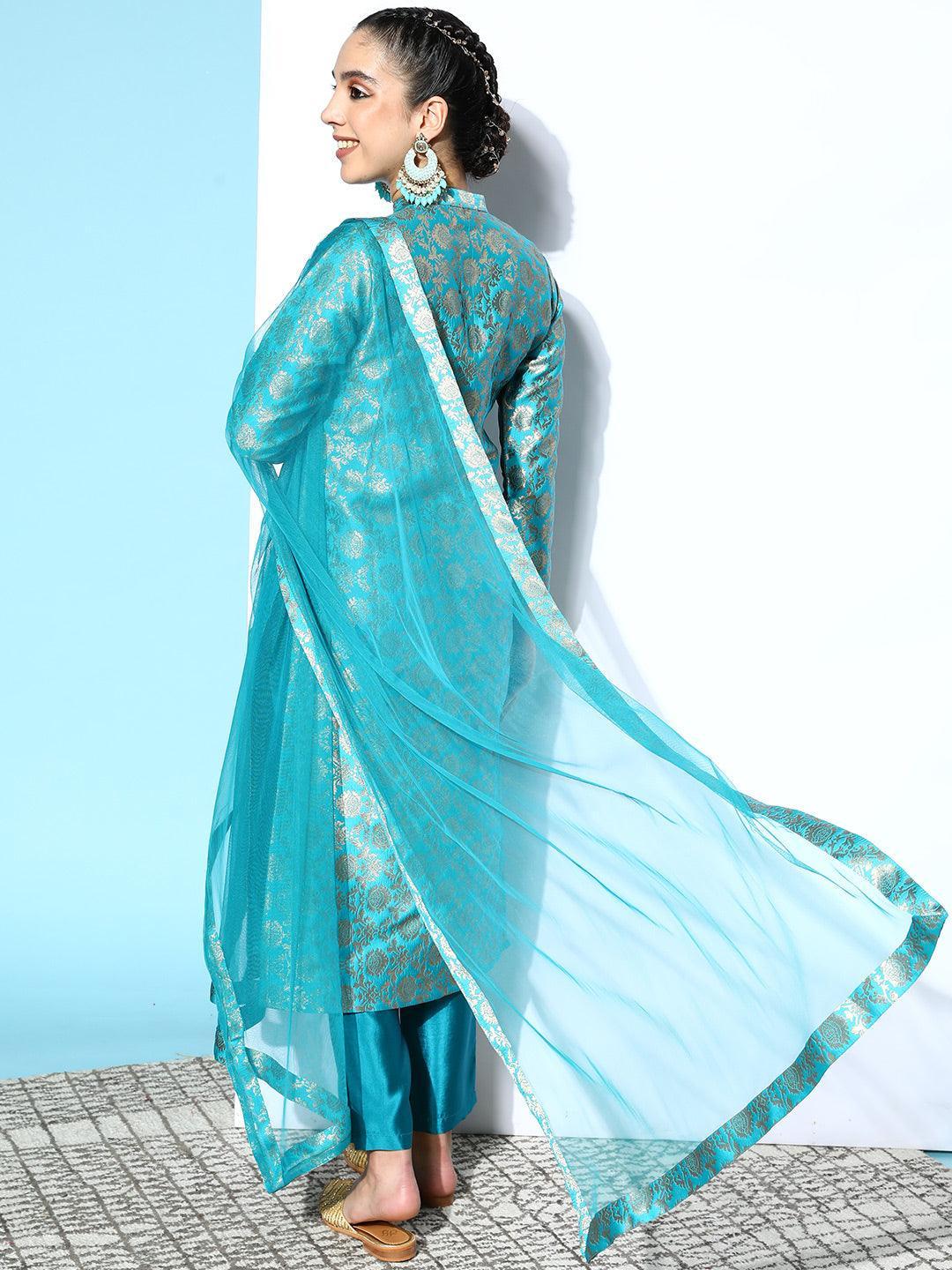 Blue Woven Design Silk Blend Straight Suit Set