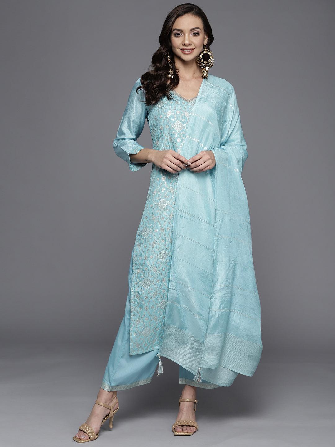 Blue Woven Design Silk Blend Straight Suit Set