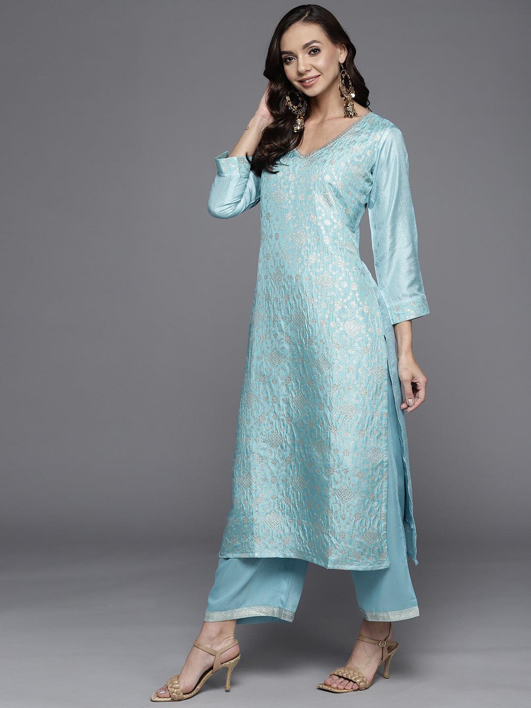 Blue Woven Design Silk Blend Straight Suit Set