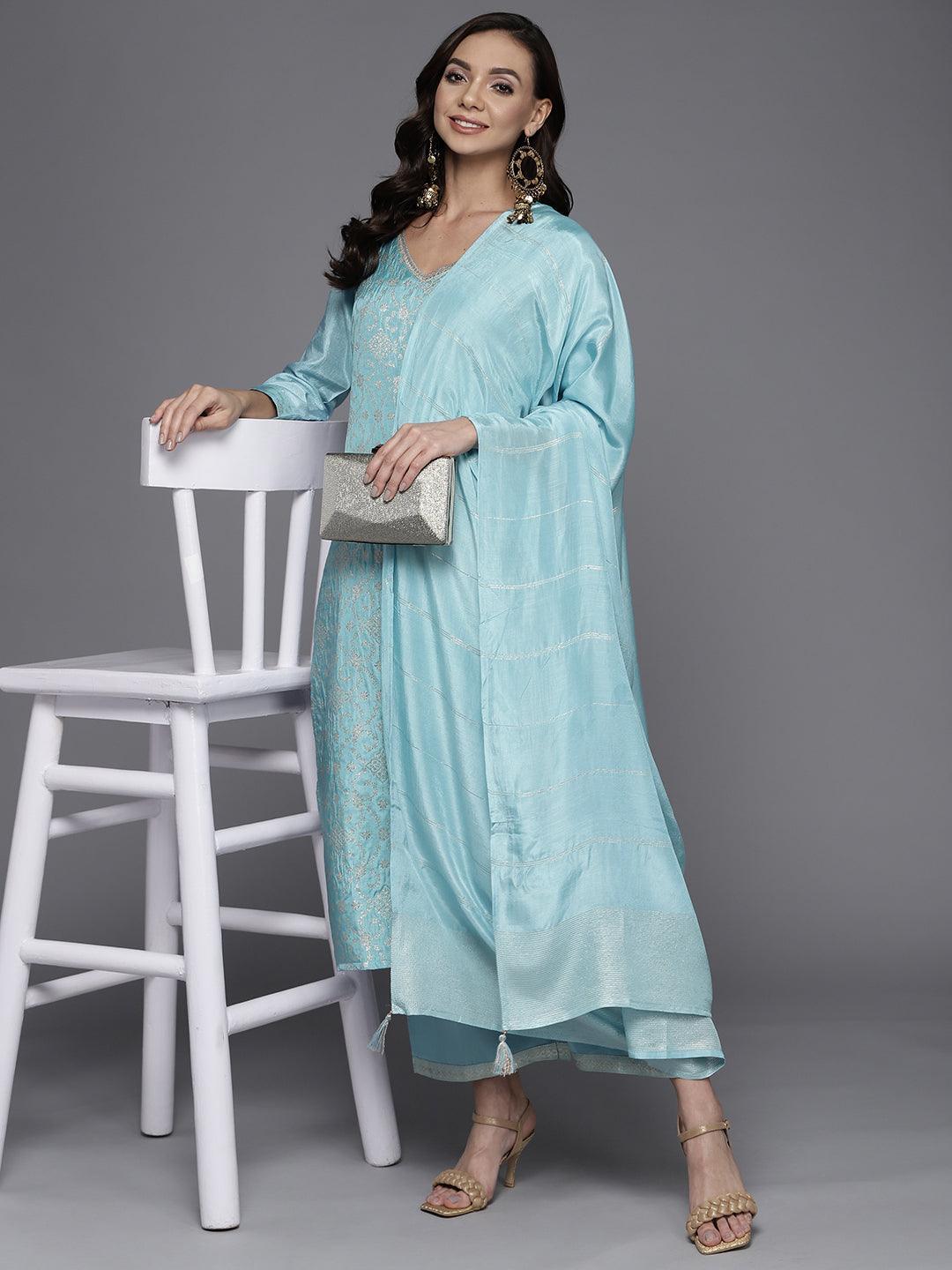 Blue Woven Design Silk Blend Straight Suit Set