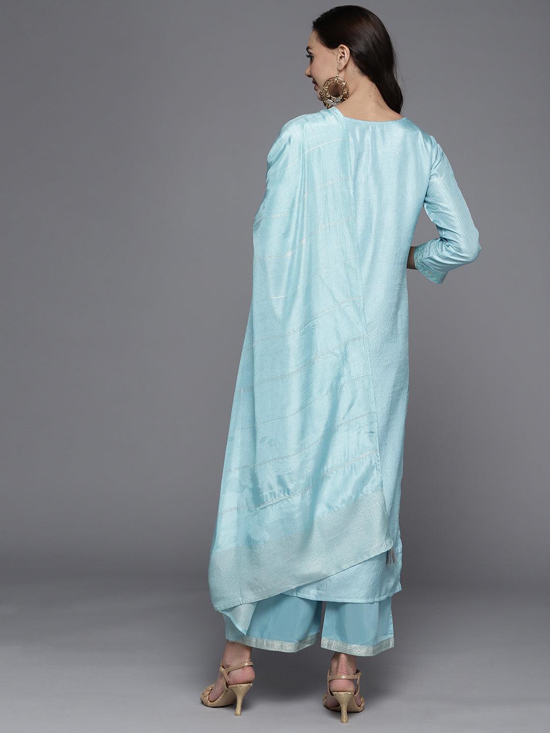 Blue Woven Design Silk Blend Straight Suit Set