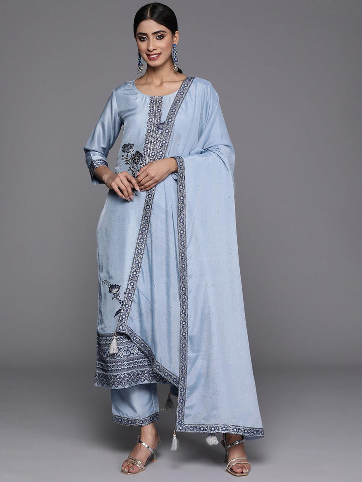 Blue Woven Design Silk Blend Straight Kurta With Trousers & Dupatta - Libas