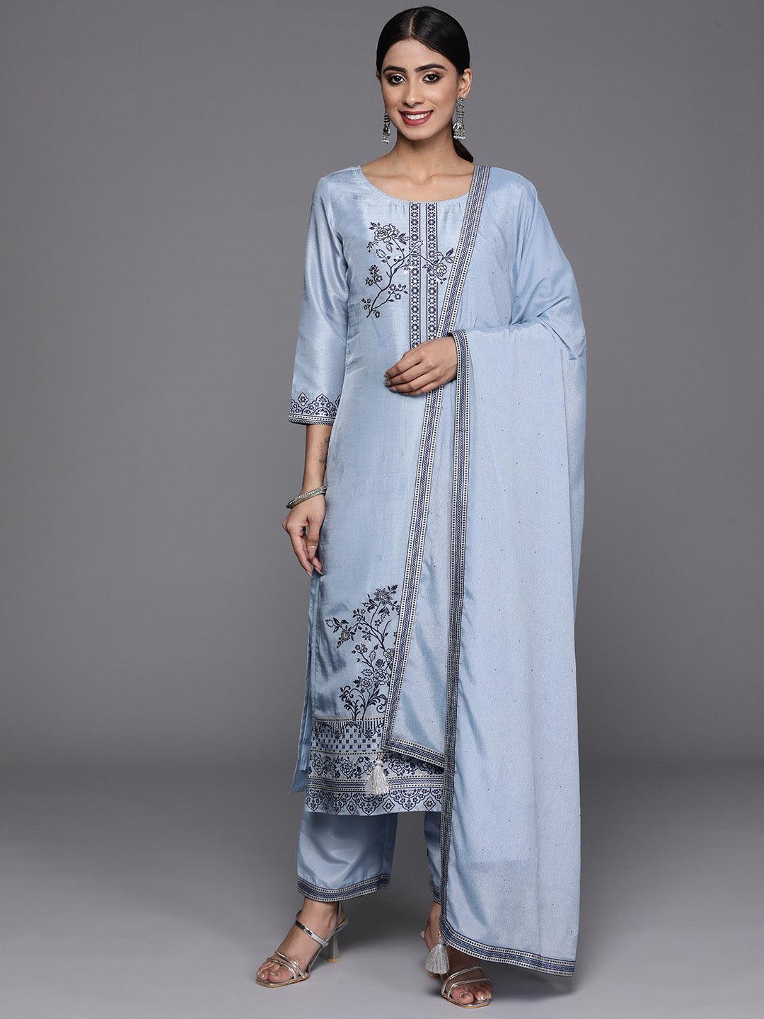 Blue Woven Design Silk Blend Straight Kurta With Trousers & Dupatta