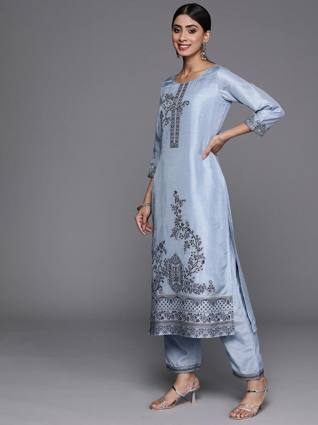 Blue Woven Design Silk Blend Straight Kurta With Trousers & Dupatta