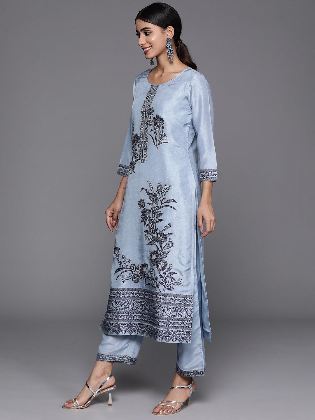 Blue Woven Design Silk Blend Straight Kurta With Trousers & Dupatta