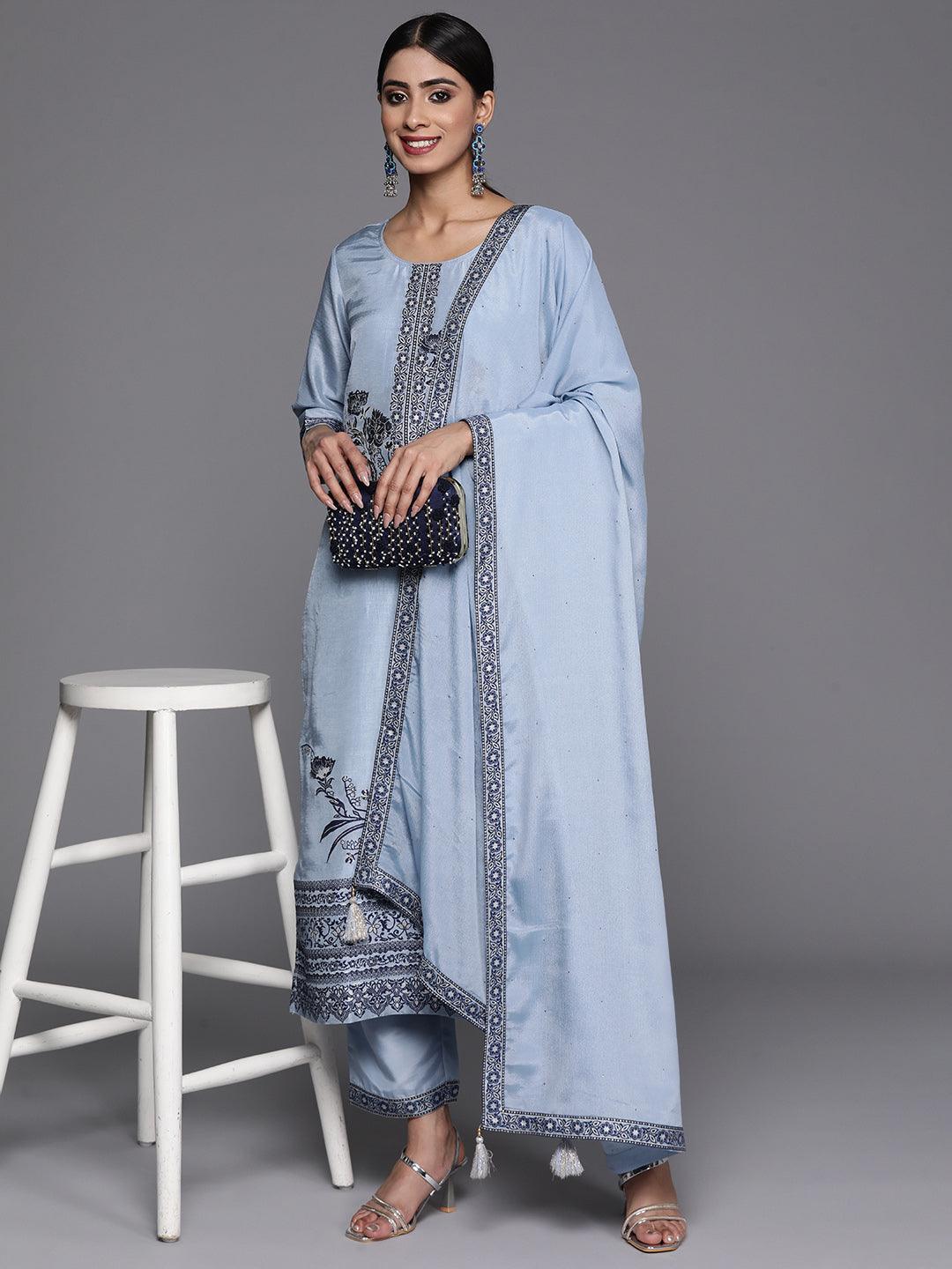 Blue Woven Design Silk Blend Straight Kurta With Trousers & Dupatta