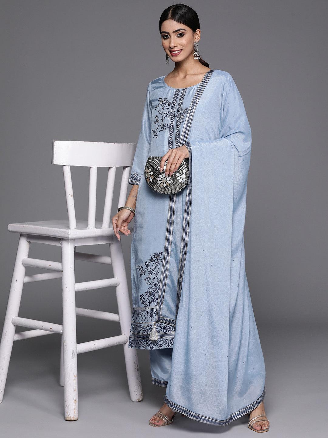 Blue Woven Design Silk Blend Straight Kurta With Trousers & Dupatta