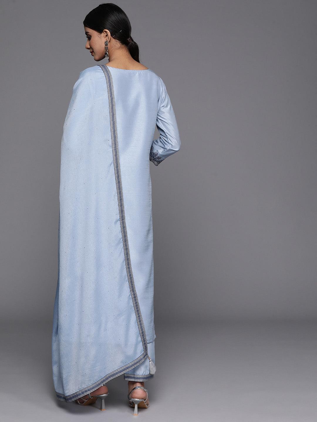 Blue Woven Design Silk Blend Straight Kurta With Trousers & Dupatta